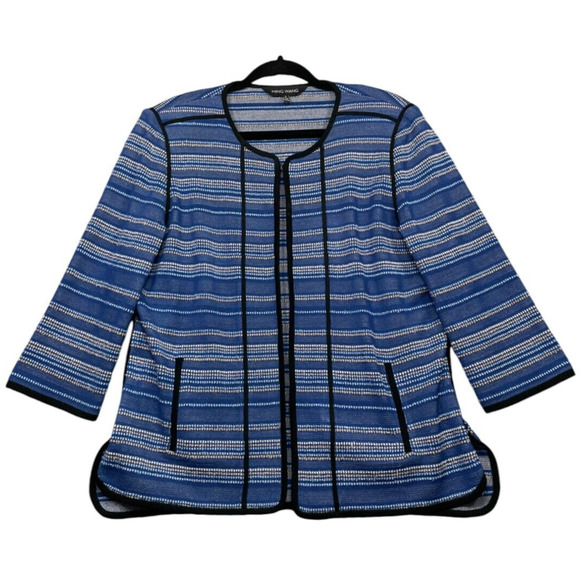 Ming Wang Womens Cardigan Striped Sweater Jacket Knit Career Quiet Luxury Blue L - Picture 1 of 16